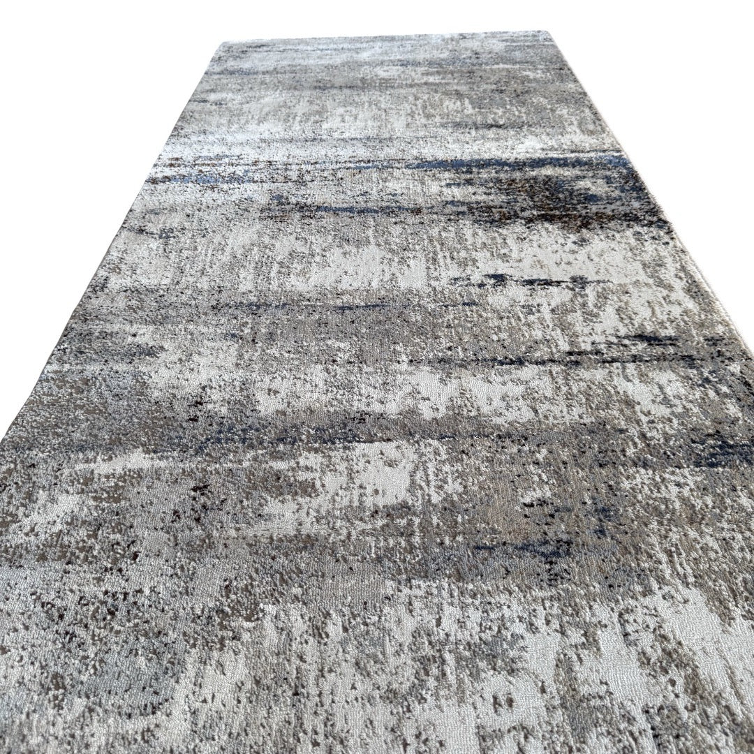 300 x 80 cm Grey & Ivory Abstract Runner Rug with Navy Accents