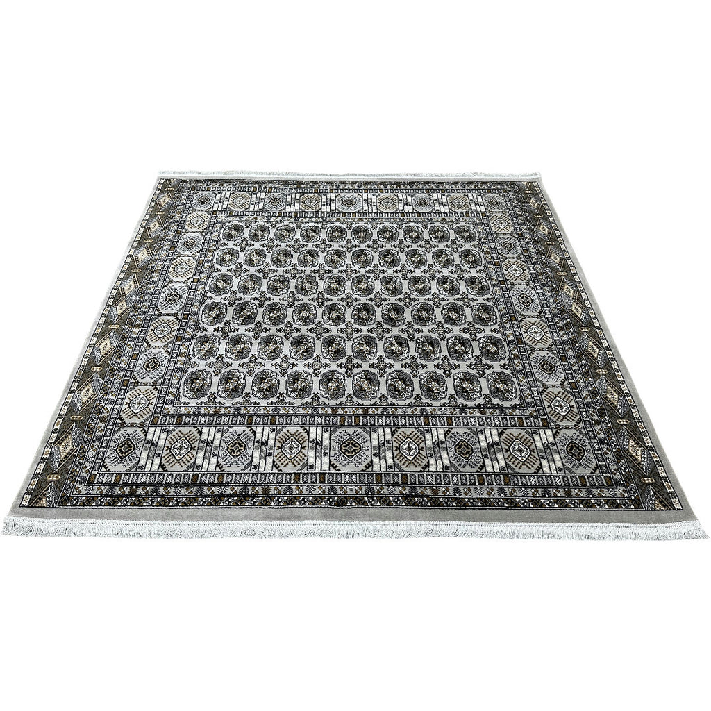 Square cream and grey Bokhara rug detail
