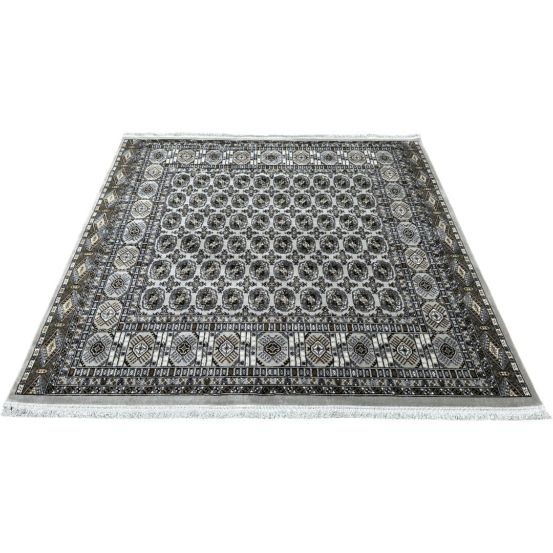 Square cream and grey Bokhara rug detail