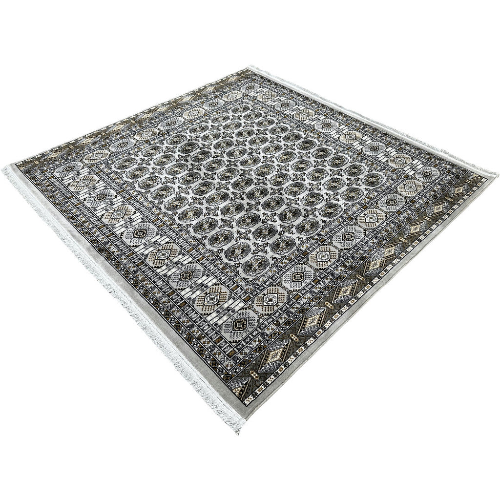 Square cream and grey Bokhara rug detail