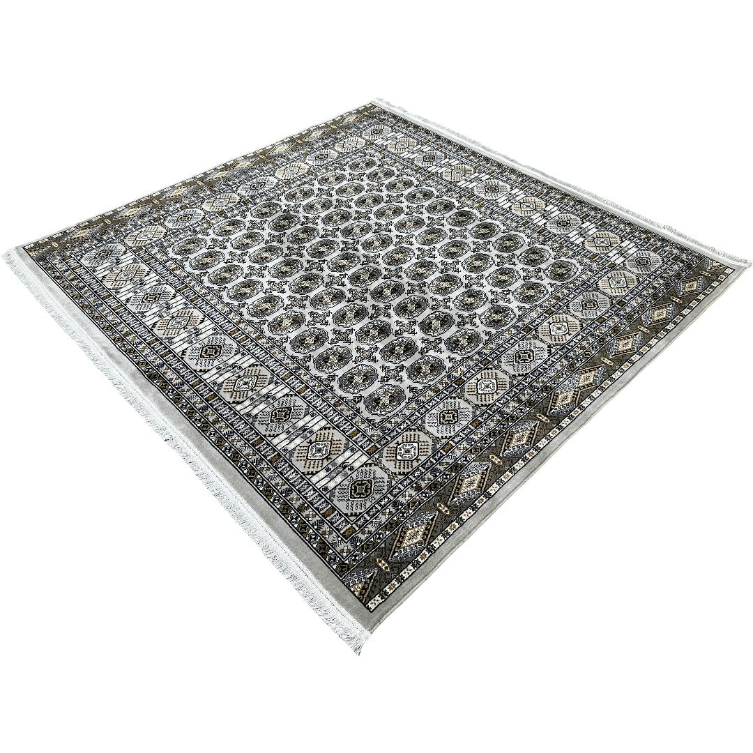 Square cream and grey Bokhara rug detail