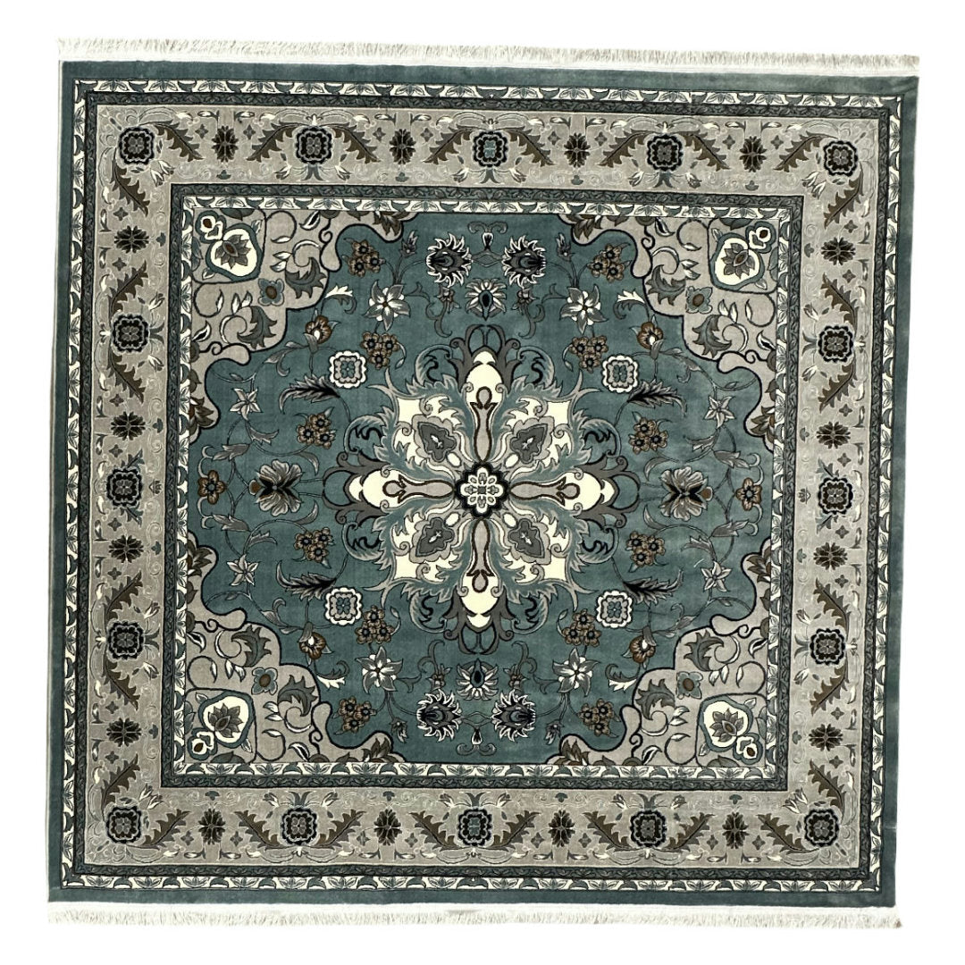 200 x 200 cm Square Iranian Machine-Made Floral Medallion Rug in Blue & Cream