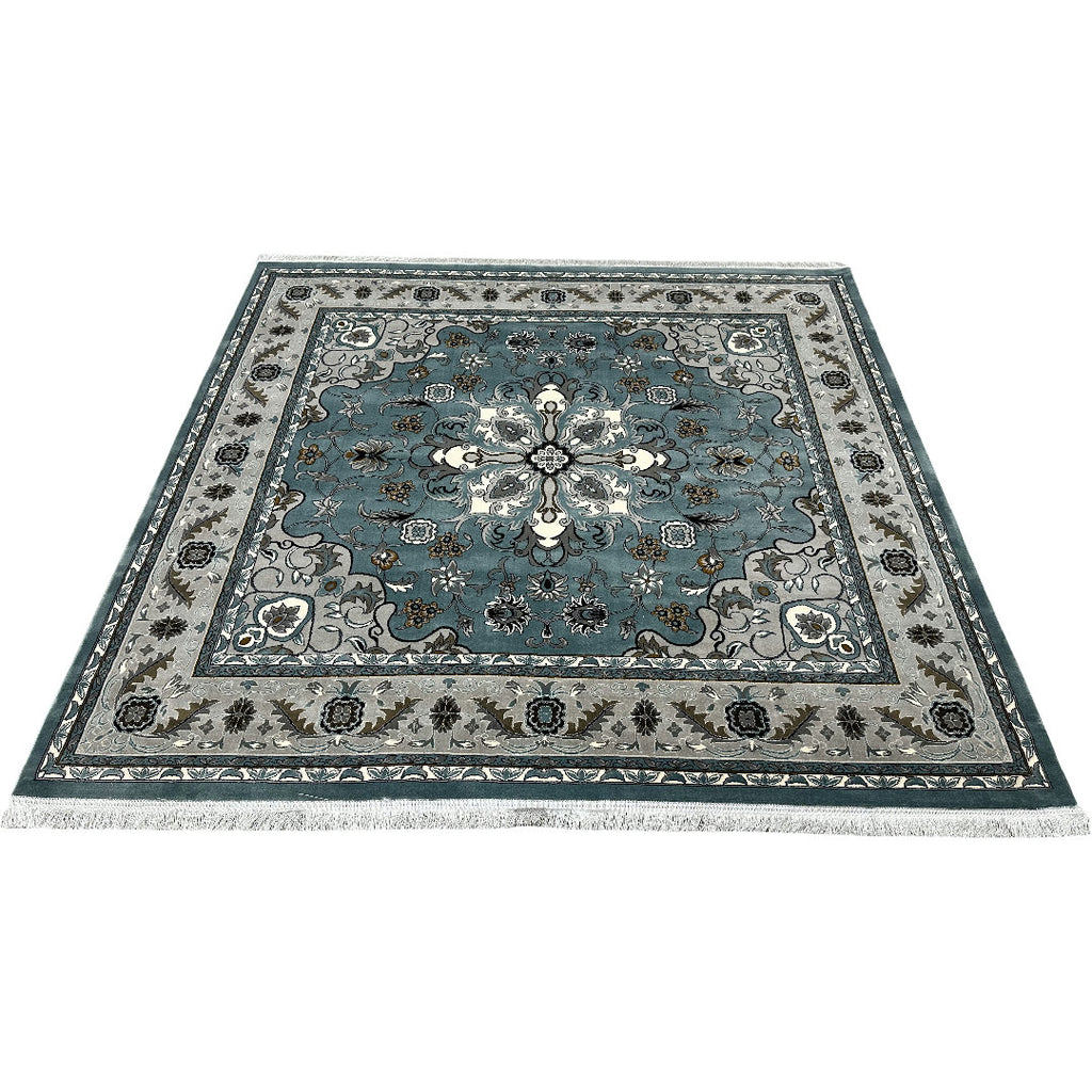 Square blue and cream floral medallion rug detail