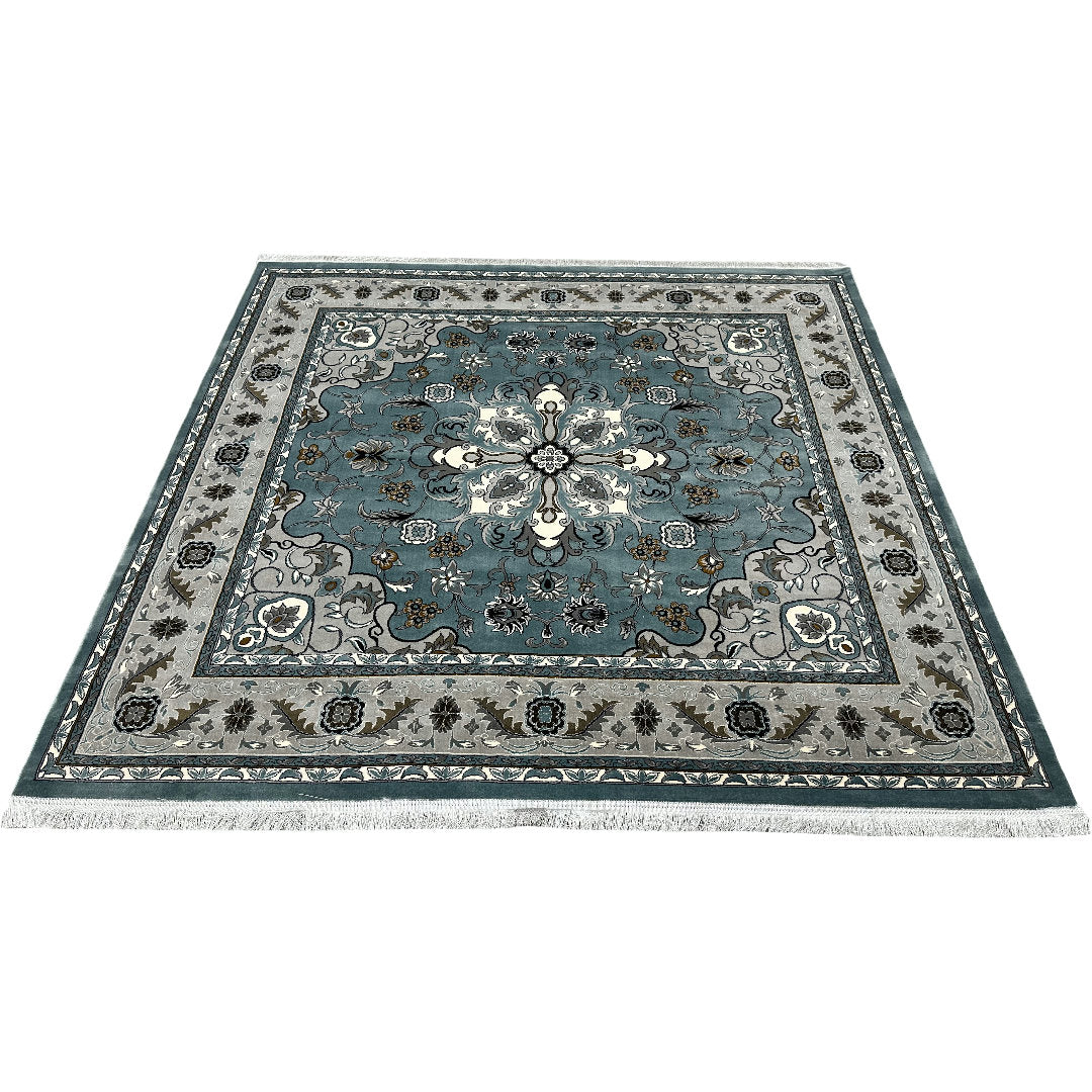 Square blue and cream floral medallion rug detail