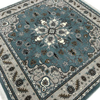 Square blue and cream floral medallion rug detail