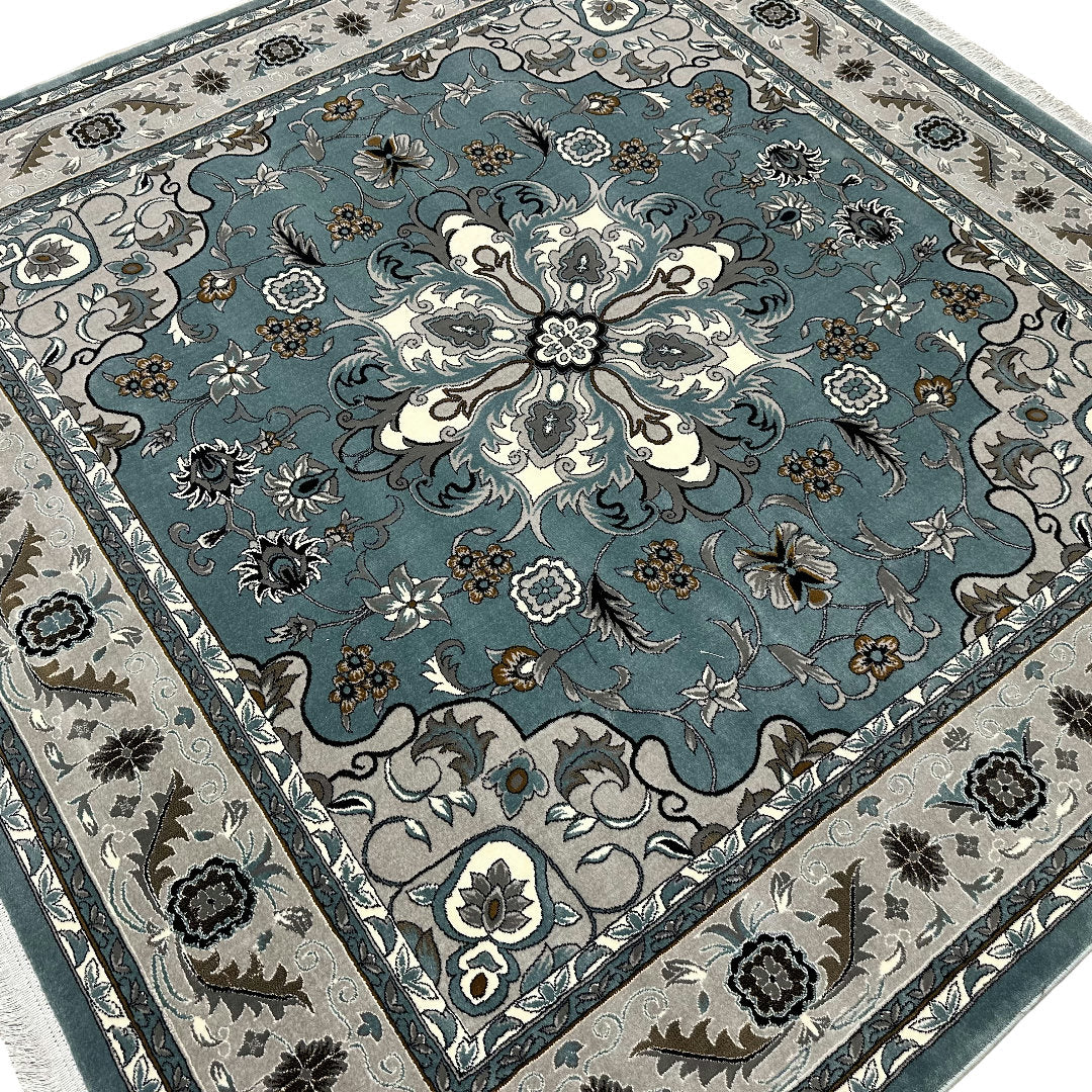 Square blue and cream floral medallion rug detail