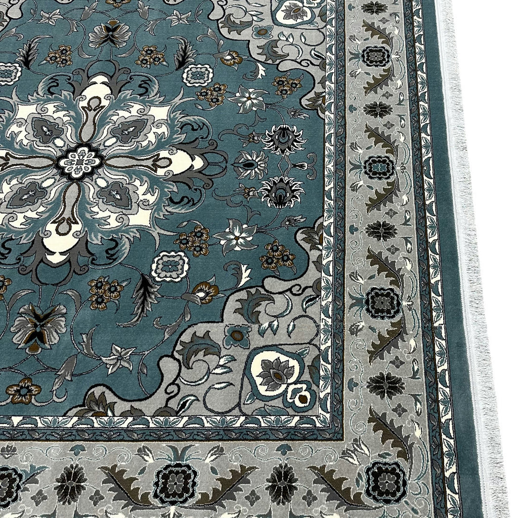 Square blue and cream floral medallion rug detail