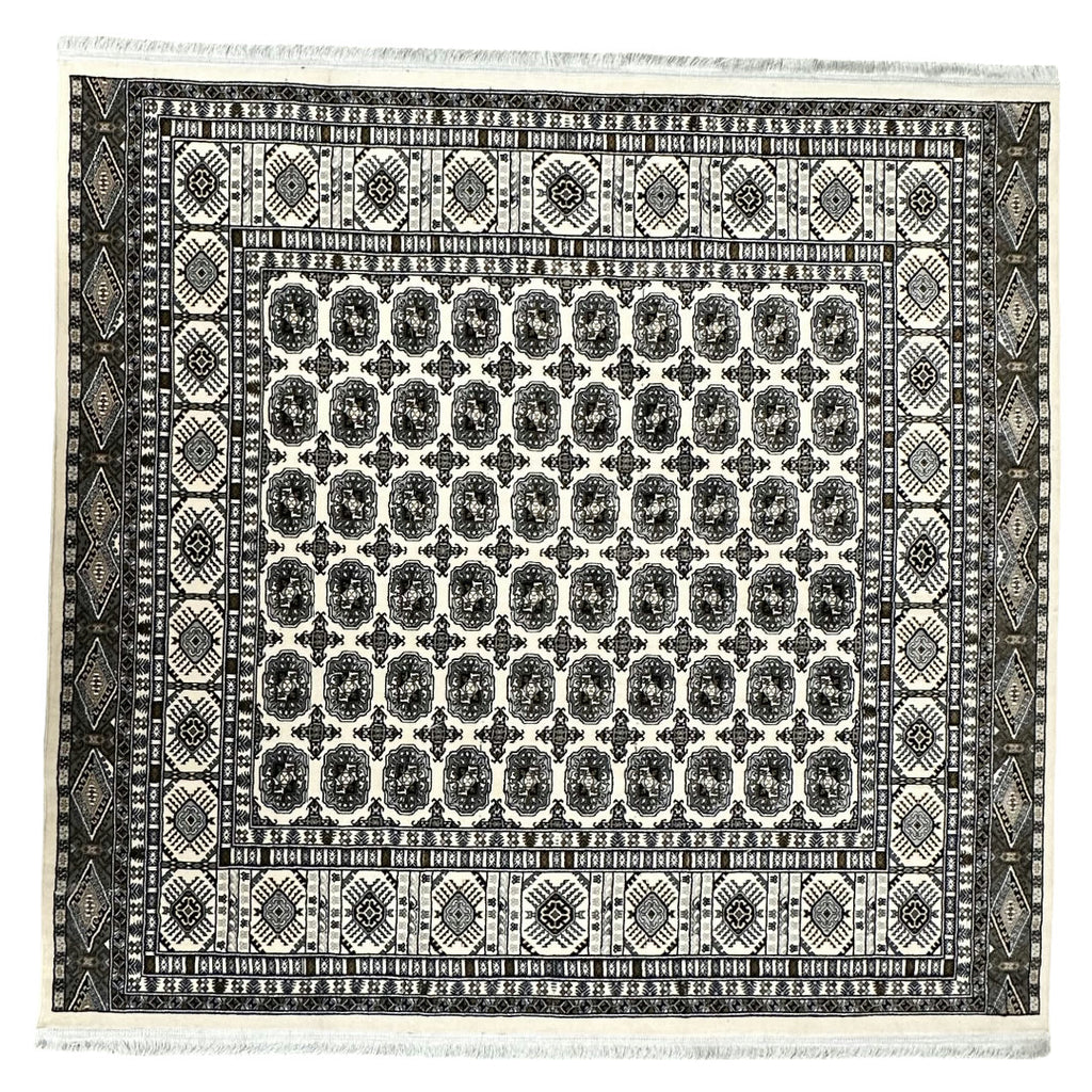 200 x 200 cm Square Iranian Machine-Made Bokhara Design Rug in Cream, Grey & Gold