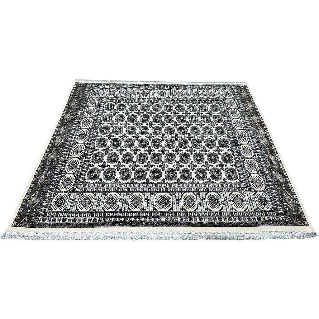 Square cream and grey Bokhara rug detail