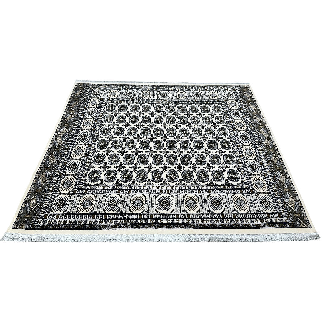 Square cream and grey Bokhara rug detail