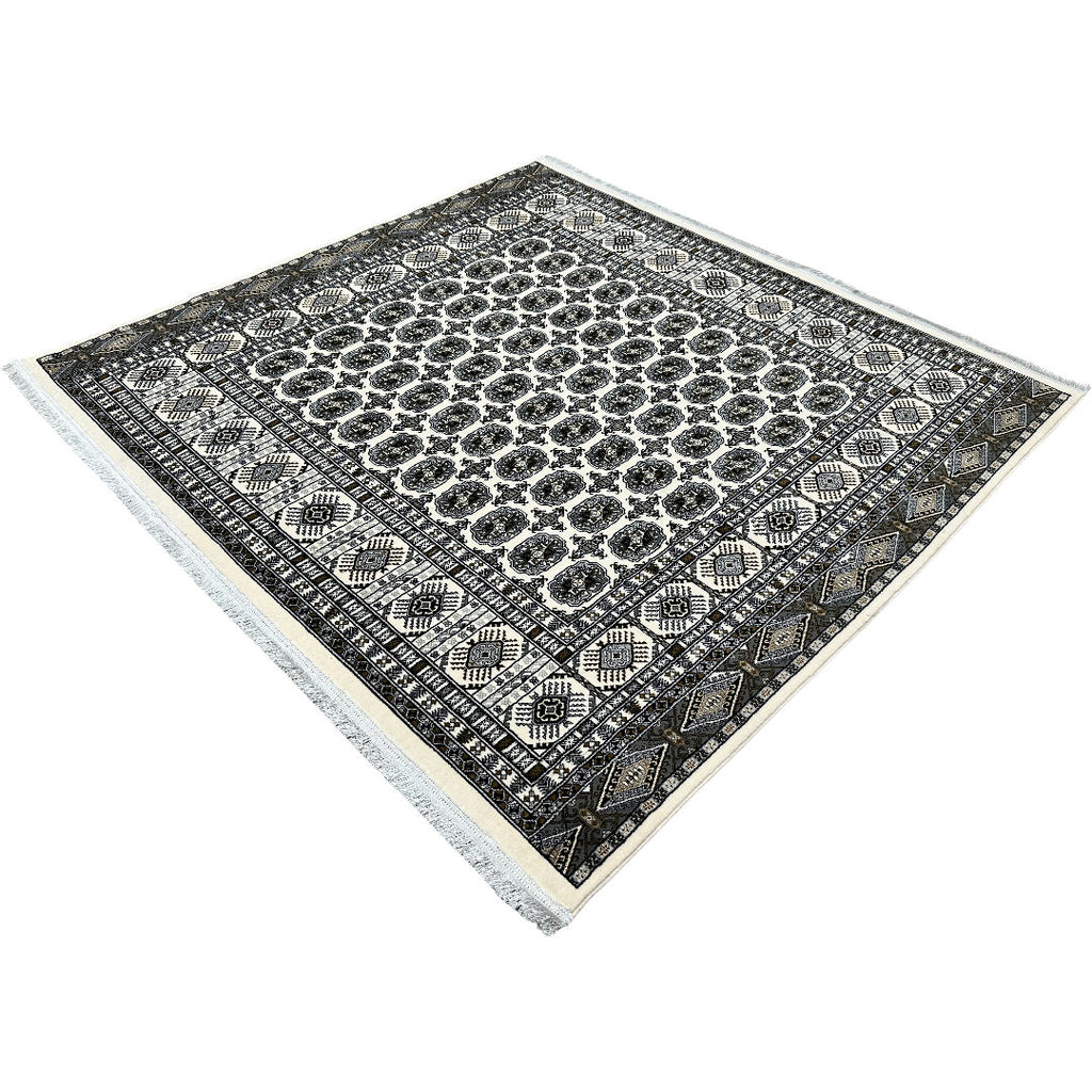 Square cream and grey Bokhara rug detail