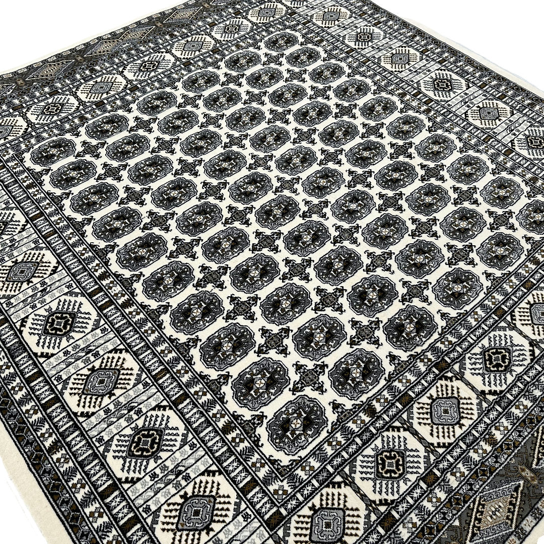 Square cream and grey Bokhara rug detail
