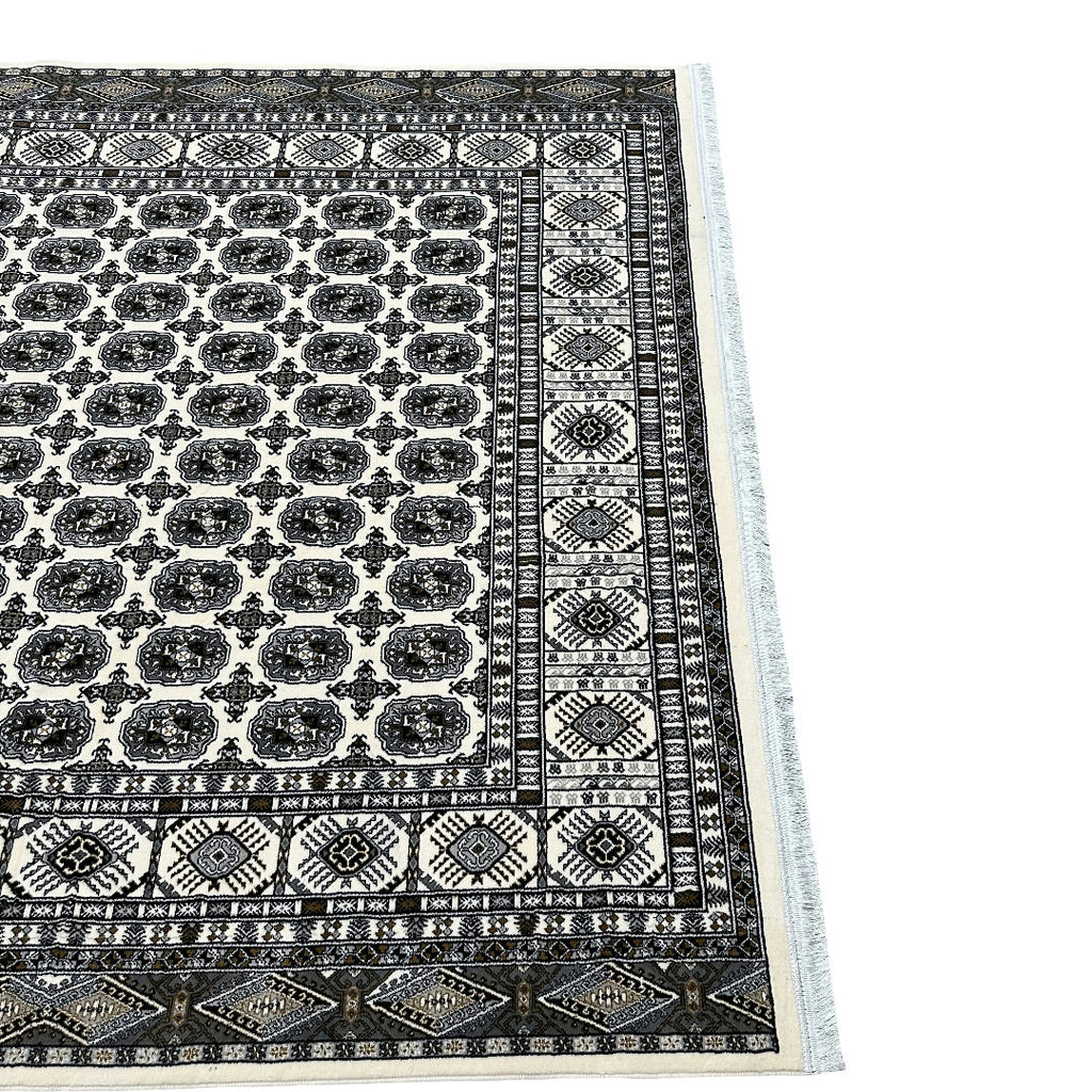 Square cream and grey Bokhara rug detail
