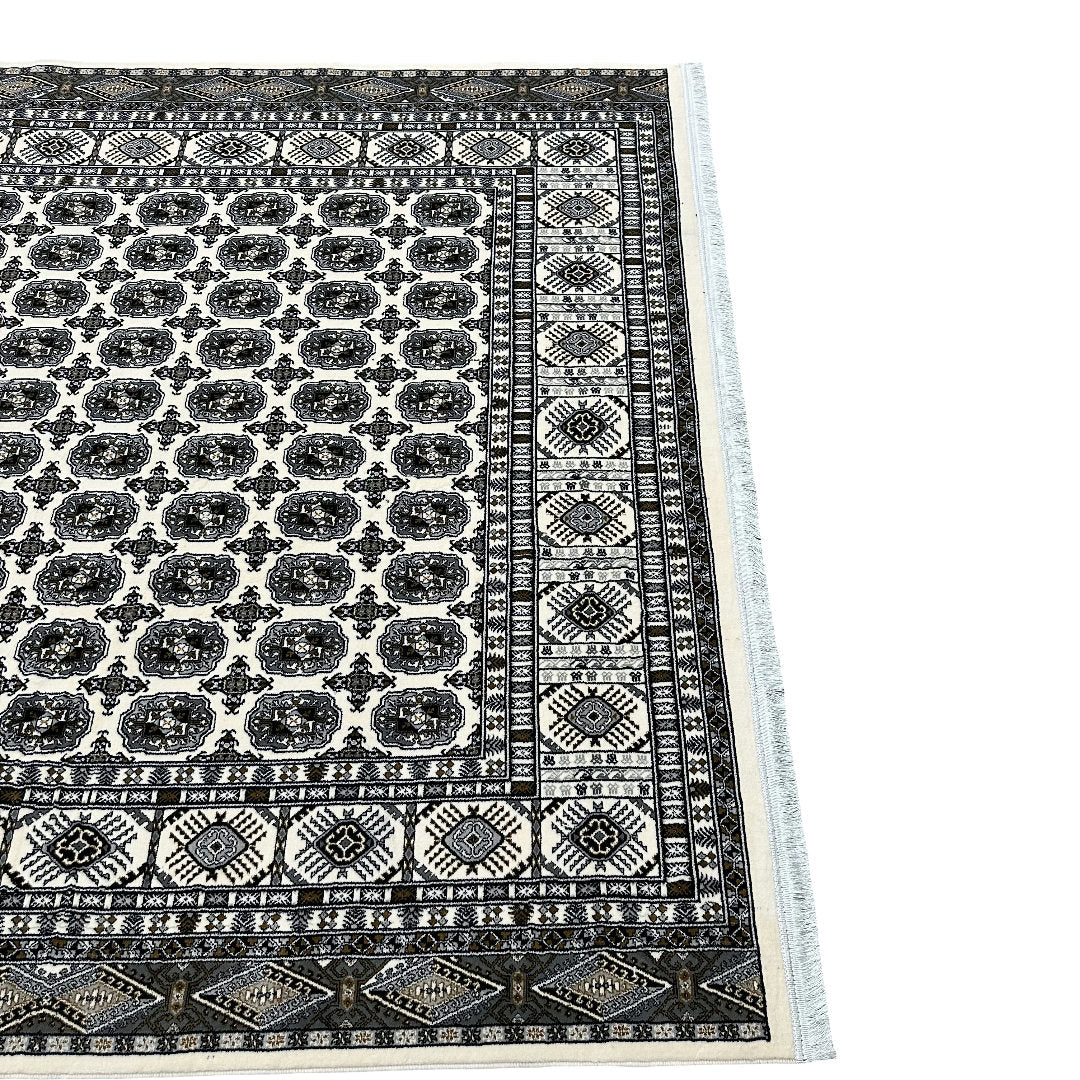 Square cream and grey Bokhara rug detail