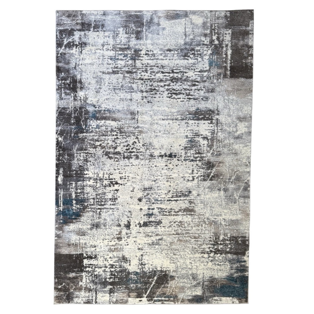 290 x 200 cm Light Grey & Charcoal Distressed Abstract Rug with Teal Accents