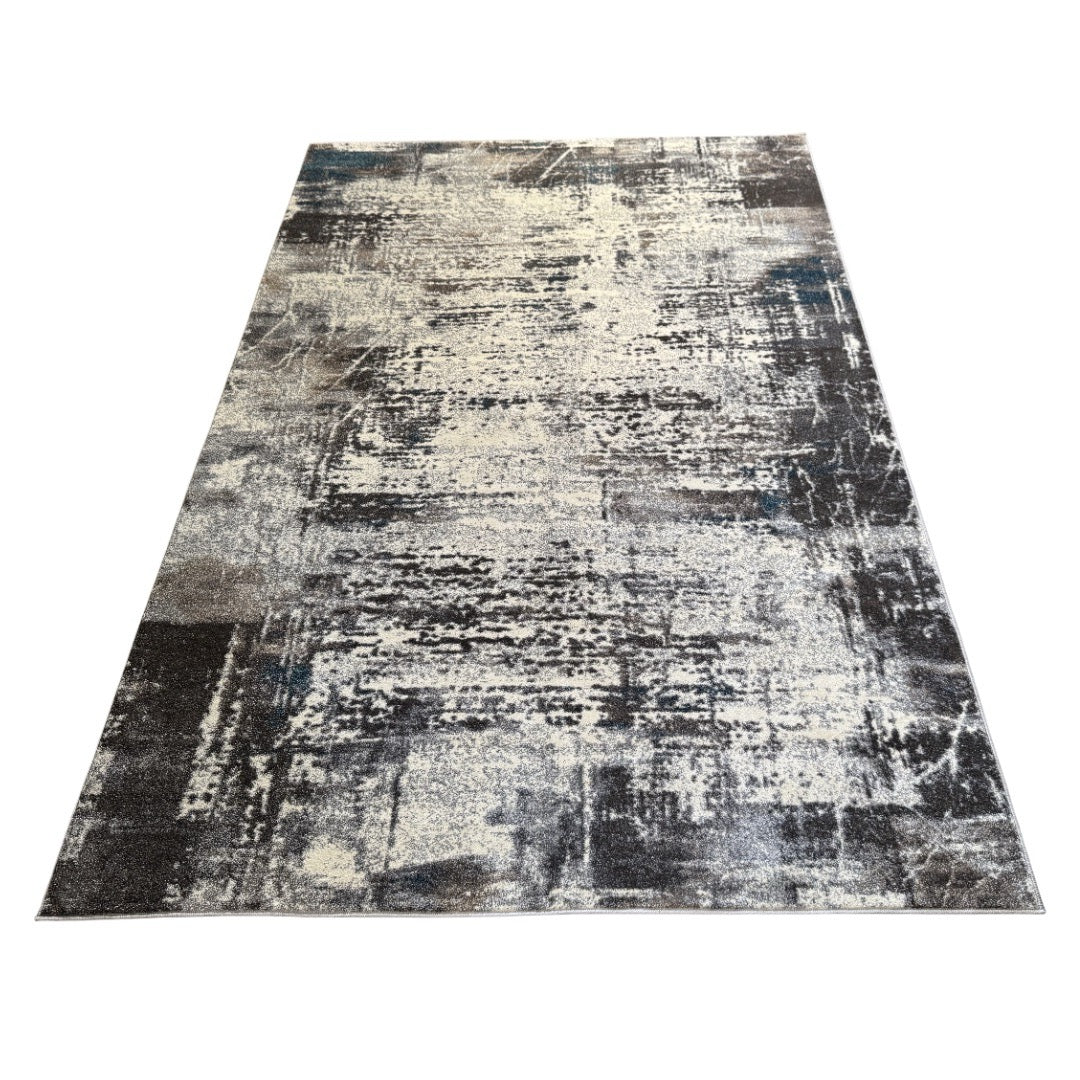 340 x 240 cm Light Grey & Charcoal Distressed Abstract Rug with Teal Accents