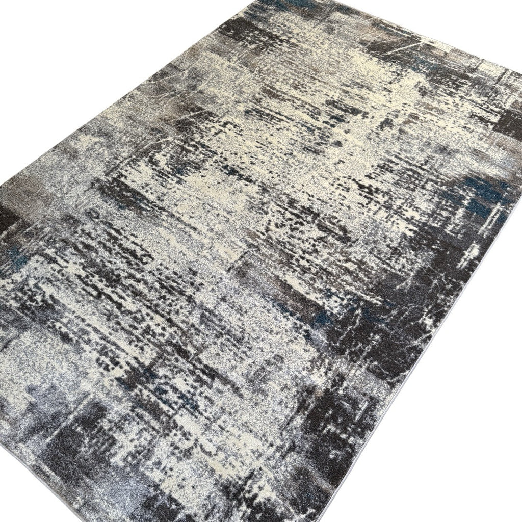 290 x 200 cm Light Grey & Charcoal Distressed Abstract Rug with Teal Accents
