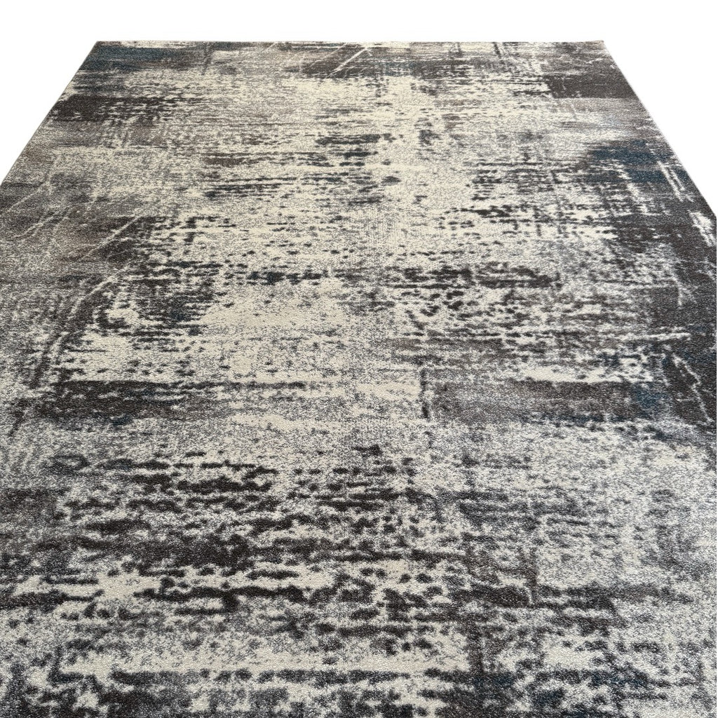 230 x 160 cm Light Grey & Charcoal Distressed Abstract Rug with Teal Accents