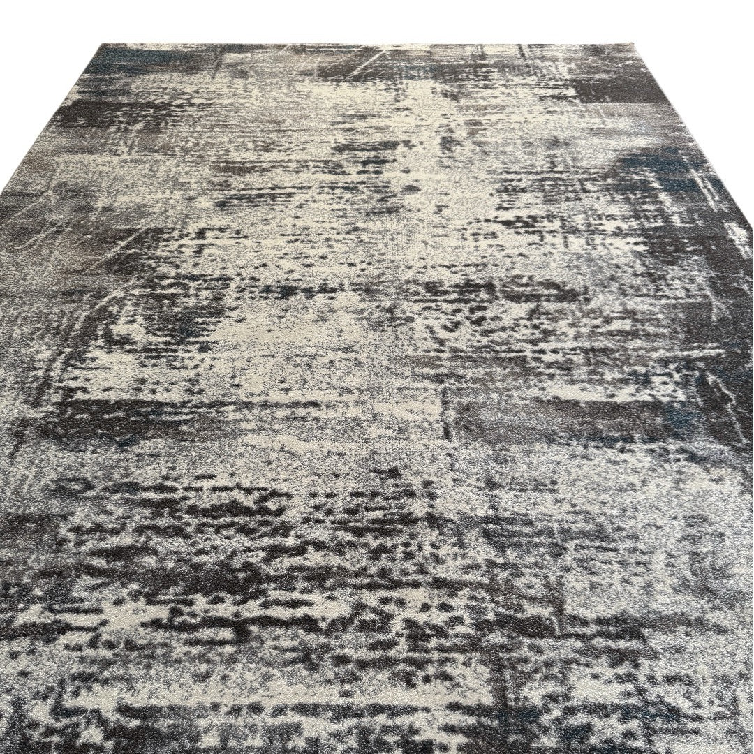 230 x 160 cm Light Grey & Charcoal Distressed Abstract Rug with Teal Accents