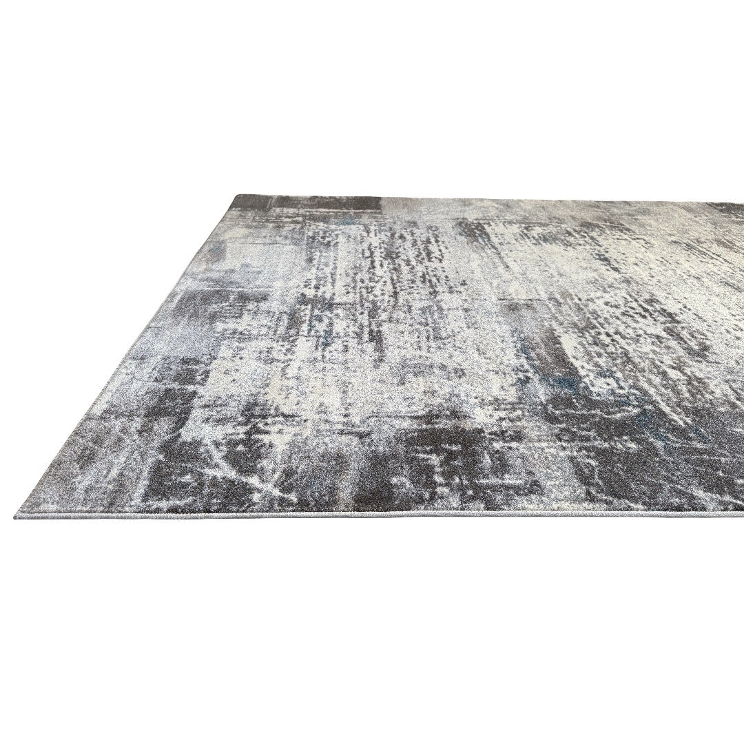 230 x 160 cm Light Grey & Charcoal Distressed Abstract Rug with Teal Accents