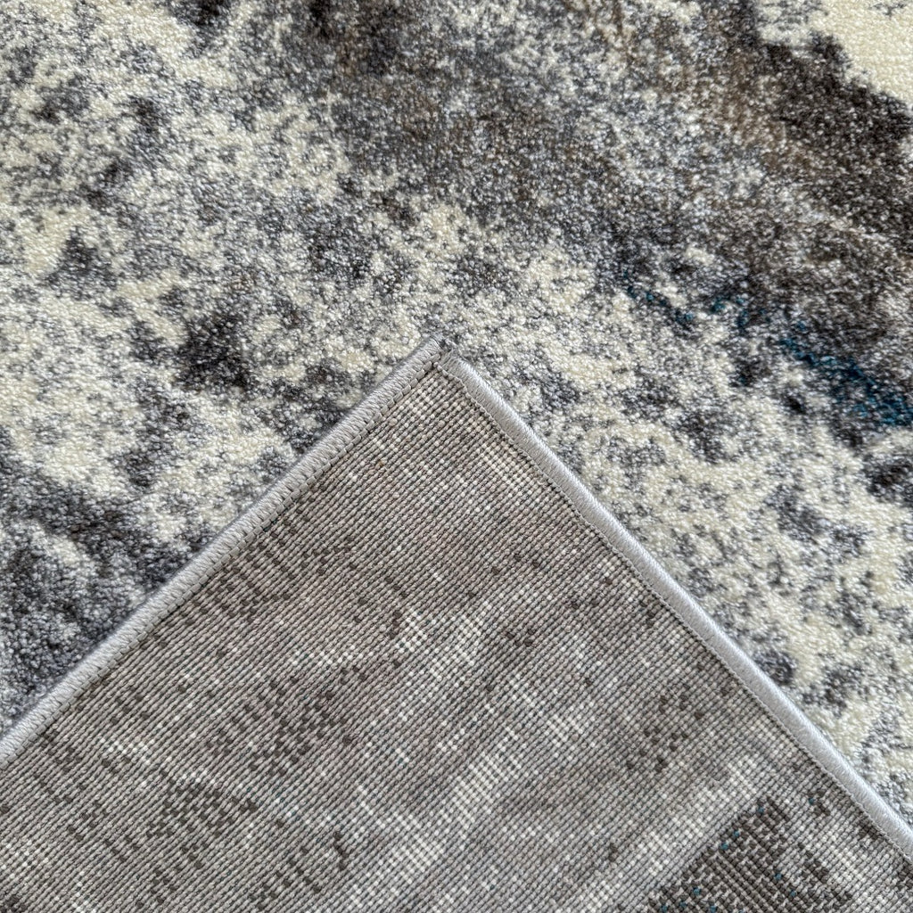290 x 200 cm Light Grey & Charcoal Distressed Abstract Rug with Teal Accents