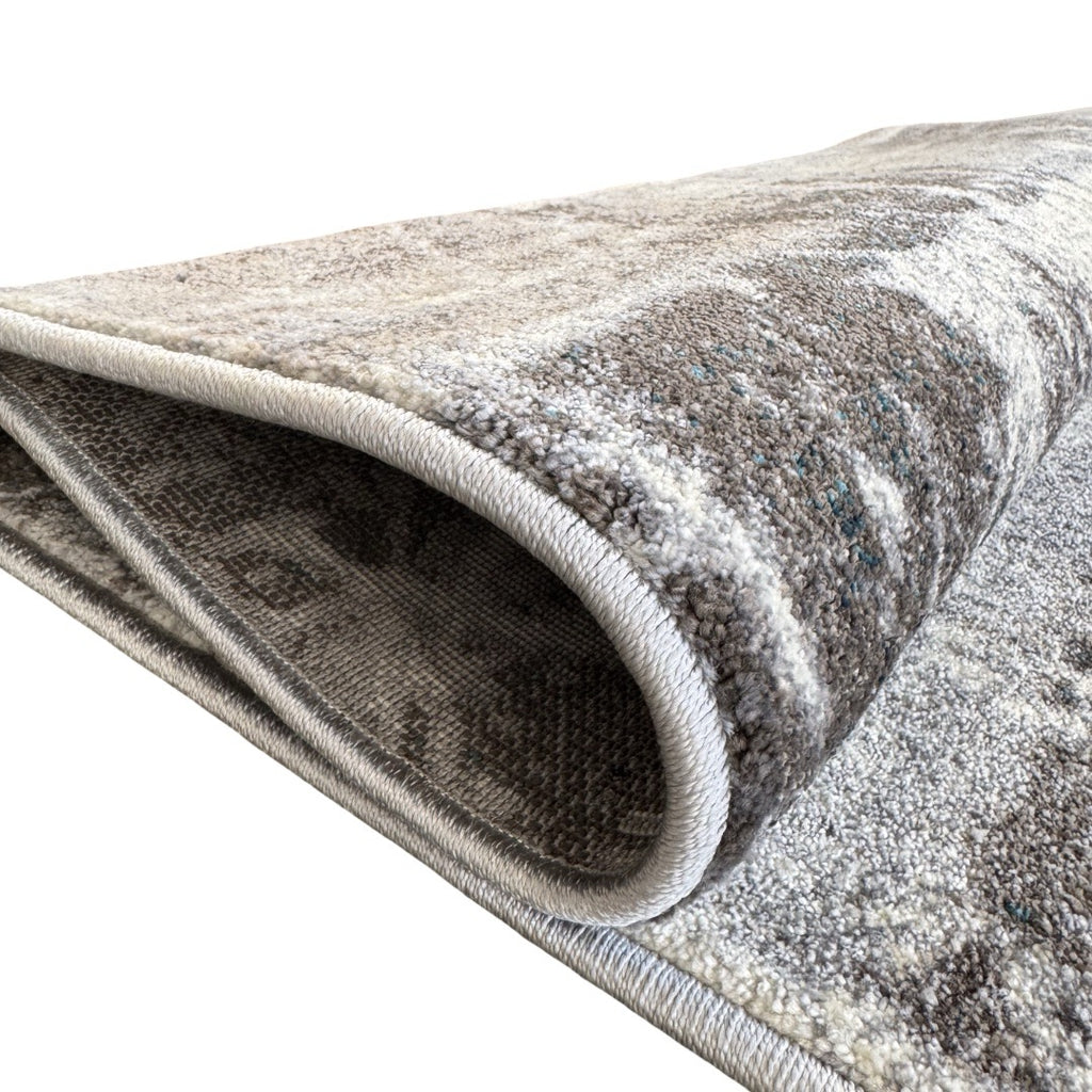 230 x 160 cm Light Grey & Charcoal Distressed Abstract Rug with Teal Accents