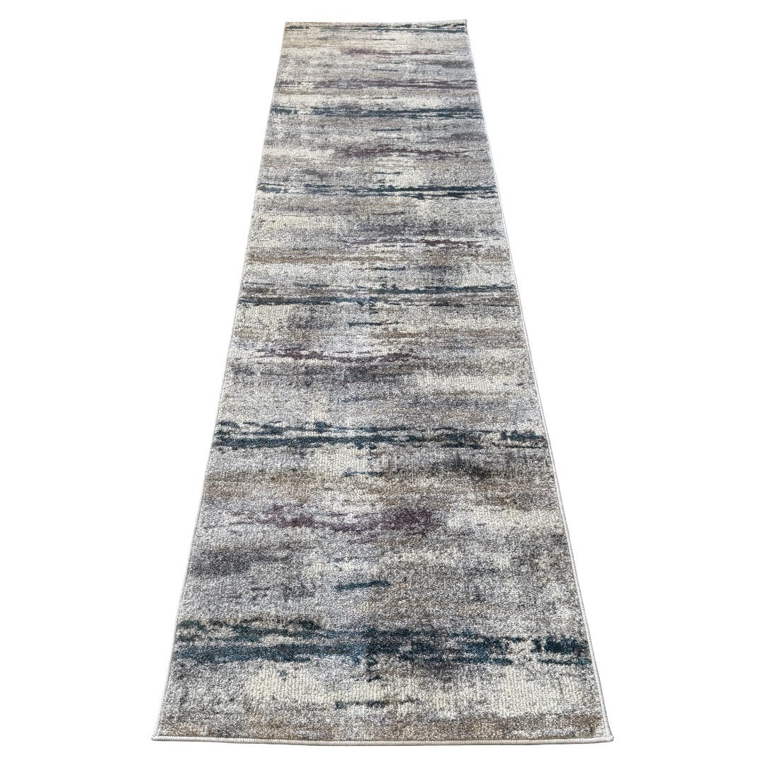 600 x 80 cm Modern Grey & Ivory Distressed Stripe Runner Rug with Pink Accents