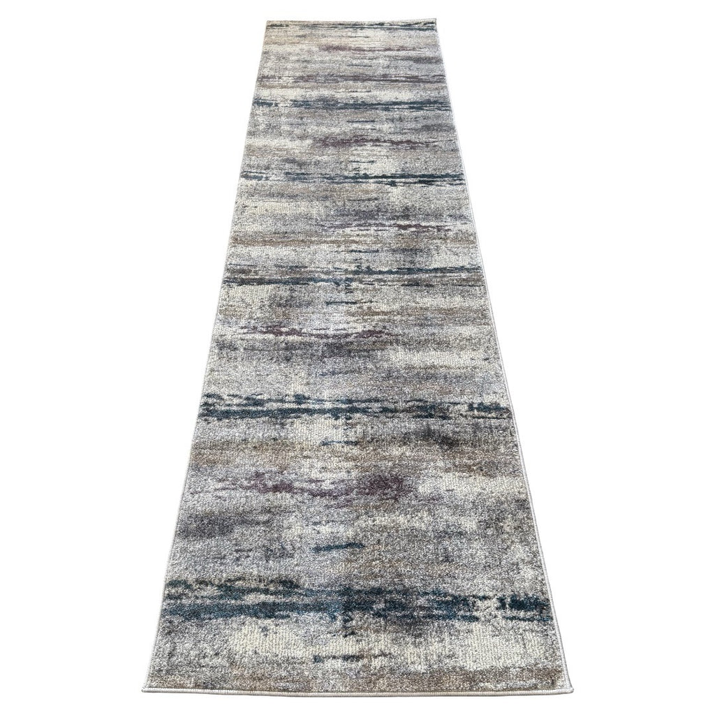300 x 80 cm Modern Grey & Ivory Distressed Stripe Runner Rug with Pink Accents