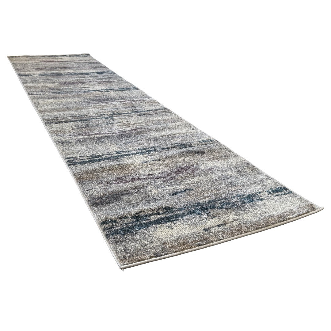 400 x 80 cm Modern Grey & Ivory Distressed Stripe Runner Rug with Pink Accents