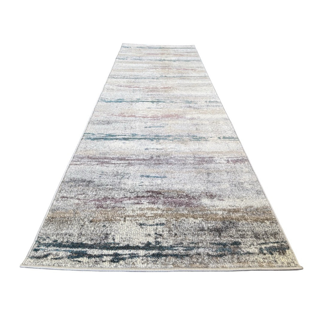 500 x 80 cm Modern Grey & Ivory Distressed Stripe Runner Rug with Pink Accents