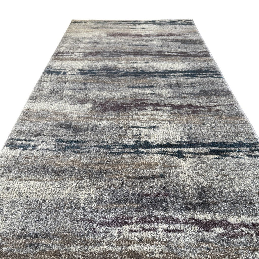 500 x 80 cm Modern Grey & Ivory Distressed Stripe Runner Rug with Pink Accents