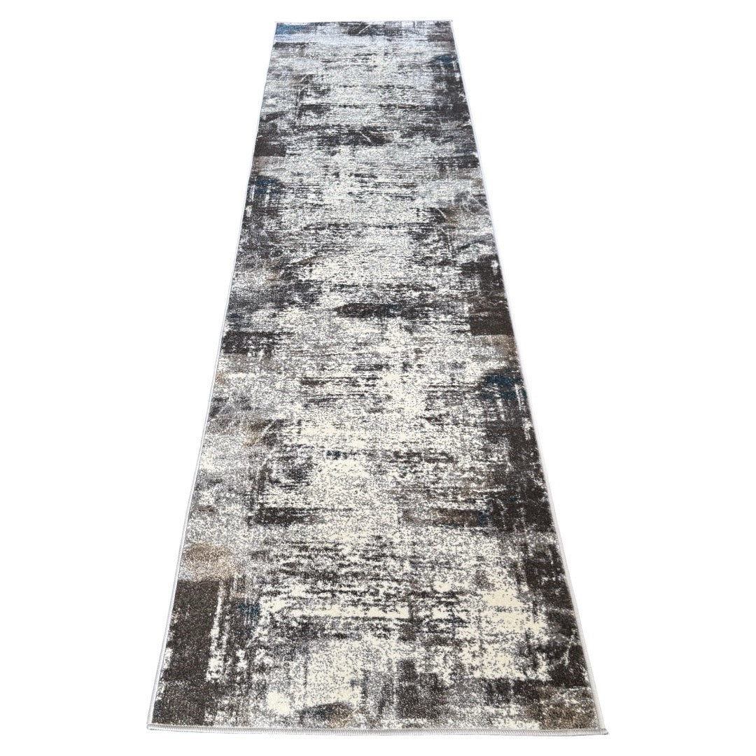300 x 80 cm Light Grey & Charcoal Distressed Abstract Rug with Teal Accents