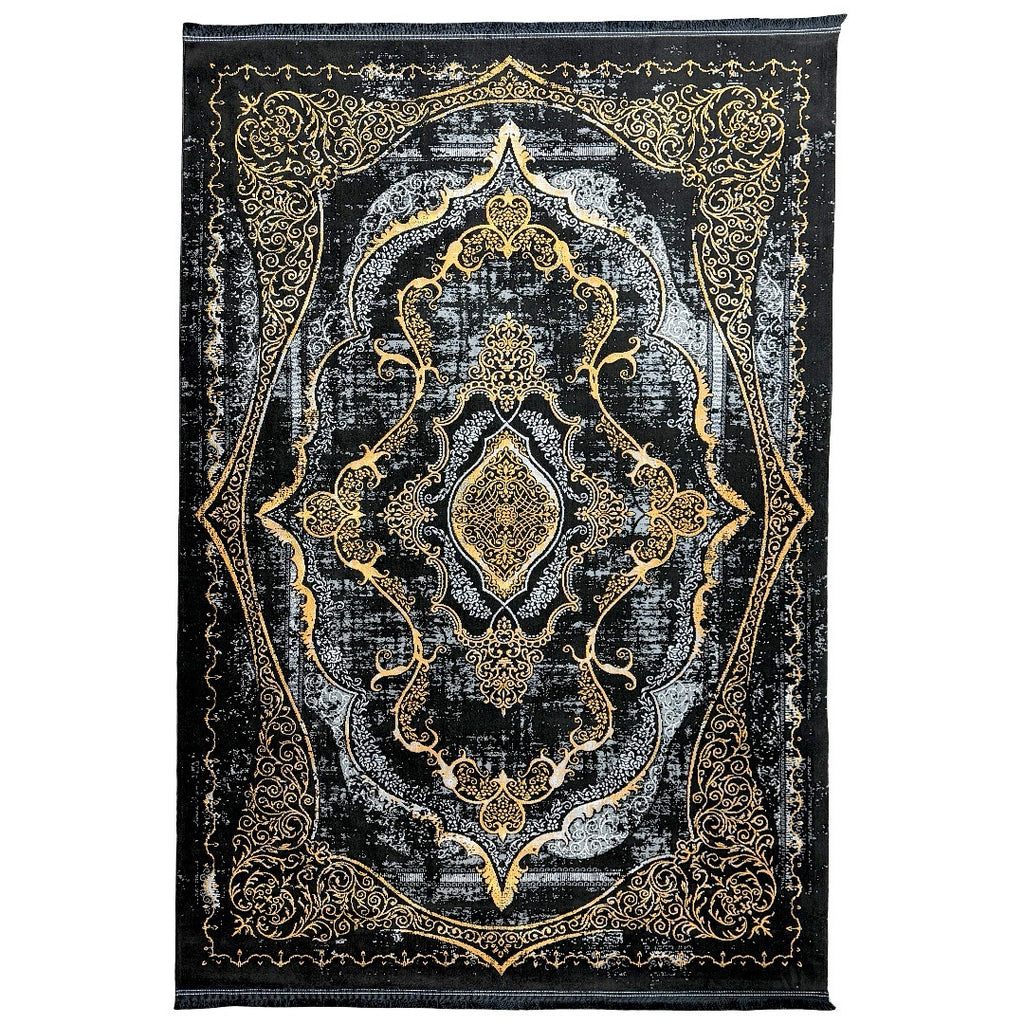 230 x 160 cm Black & Gold Distressed Medallion Turkish Rug