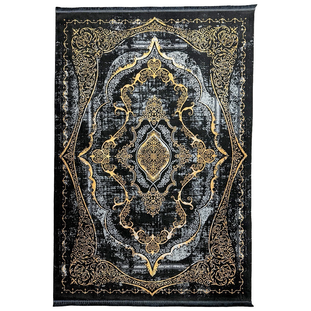 230 x 160 cm Black & Gold Distressed Medallion Turkish Rug