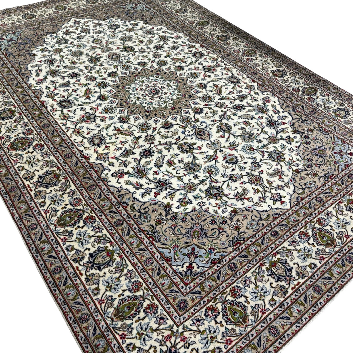 350 x 255 cm Hand Knotted Persian Ivory Kashan Wool Rug