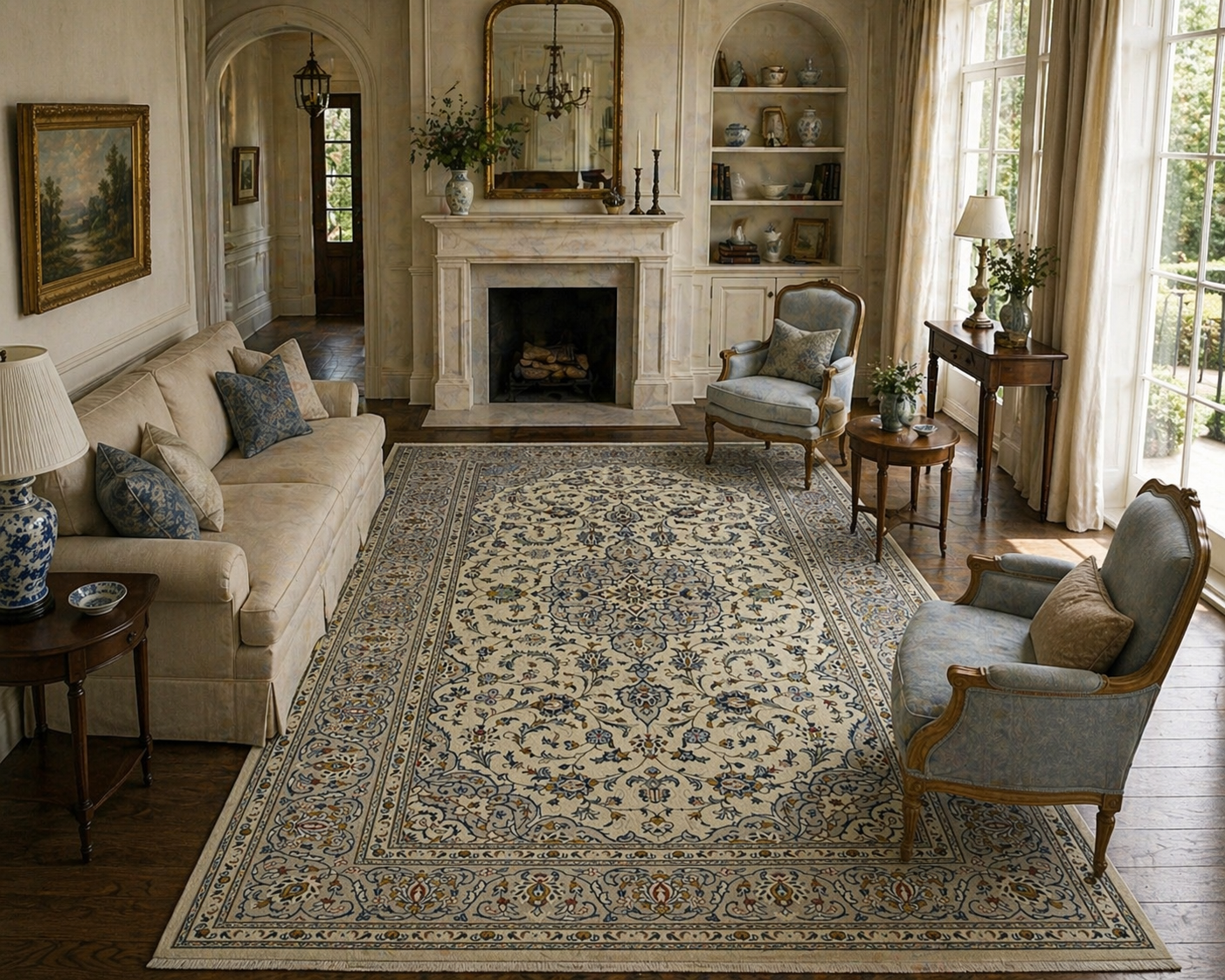 300 x 207 cm Hand-Knotted Persian Kashan Cream Rug