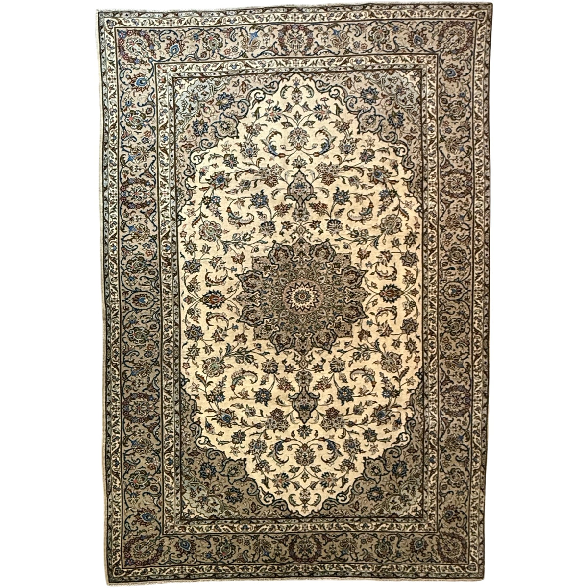 290 x 193 cm Hand Knotted Floral Persian Beige Kashan Wool Rug