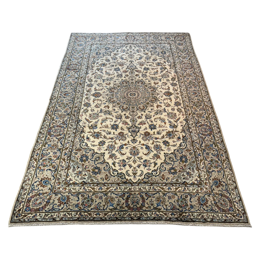 290 x 193 cm Hand Knotted Floral Persian Beige Kashan Wool Rug