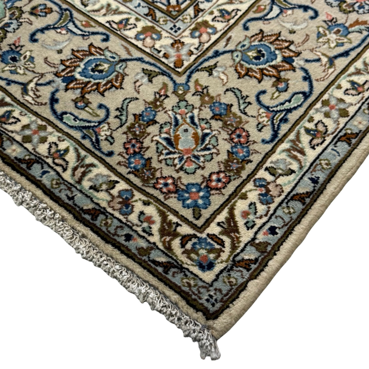 290 x 193 cm Hand Knotted Floral Persian Beige Kashan Wool Rug