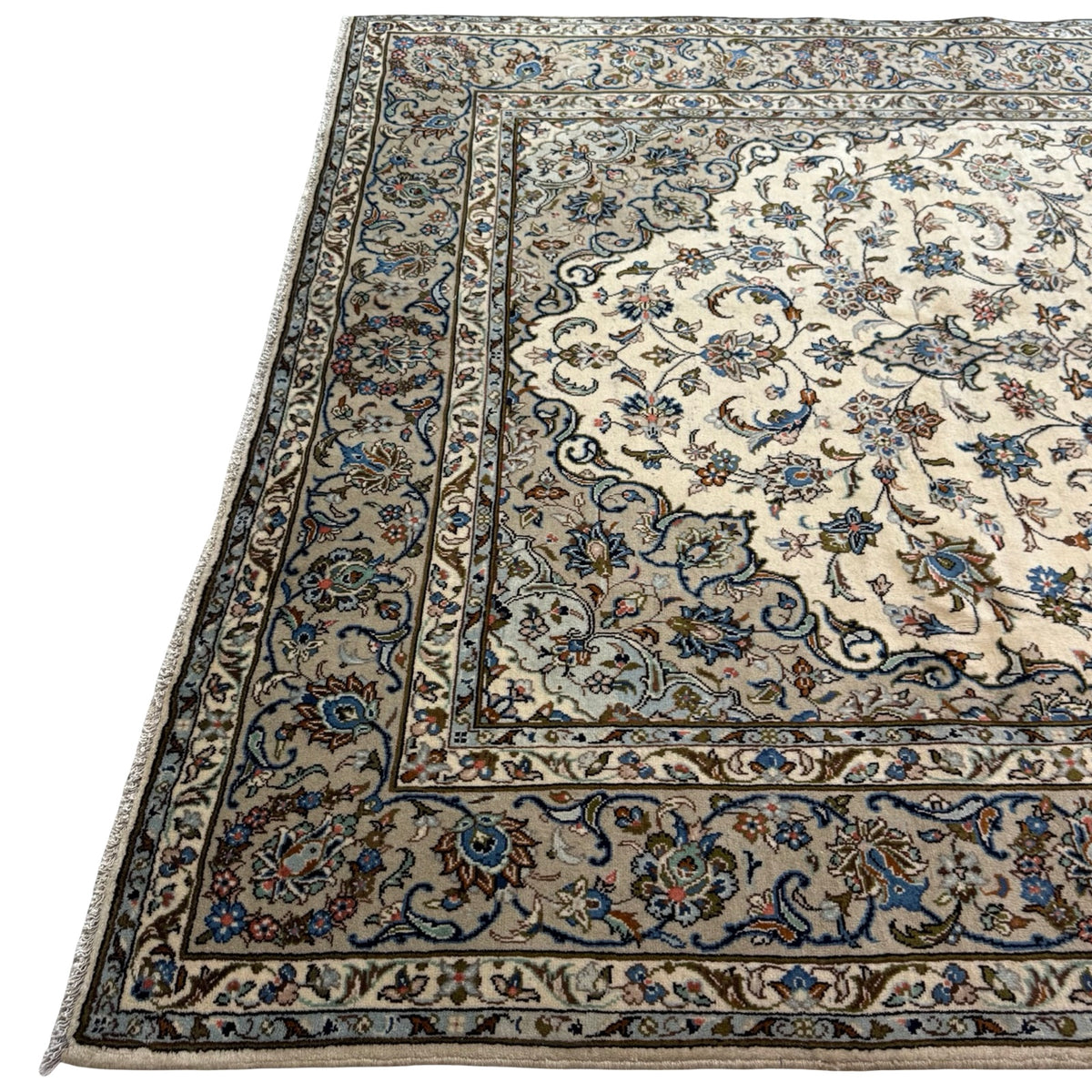 290 x 193 cm Hand Knotted Floral Persian Beige Kashan Wool Rug