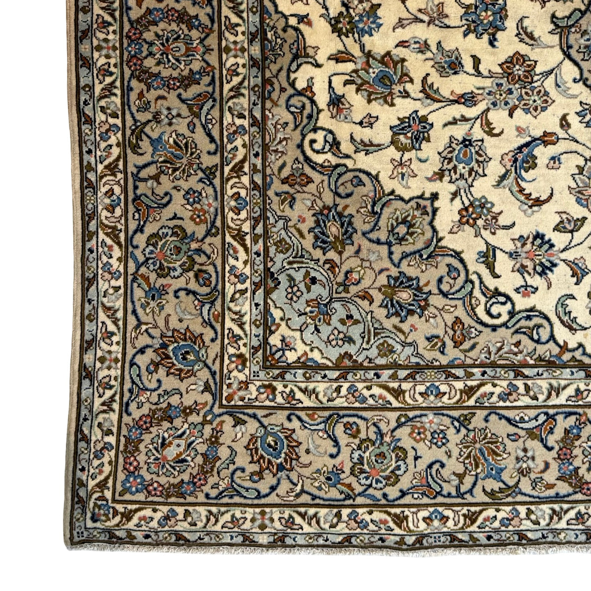 290 x 193 cm Hand Knotted Floral Persian Beige Kashan Wool Rug