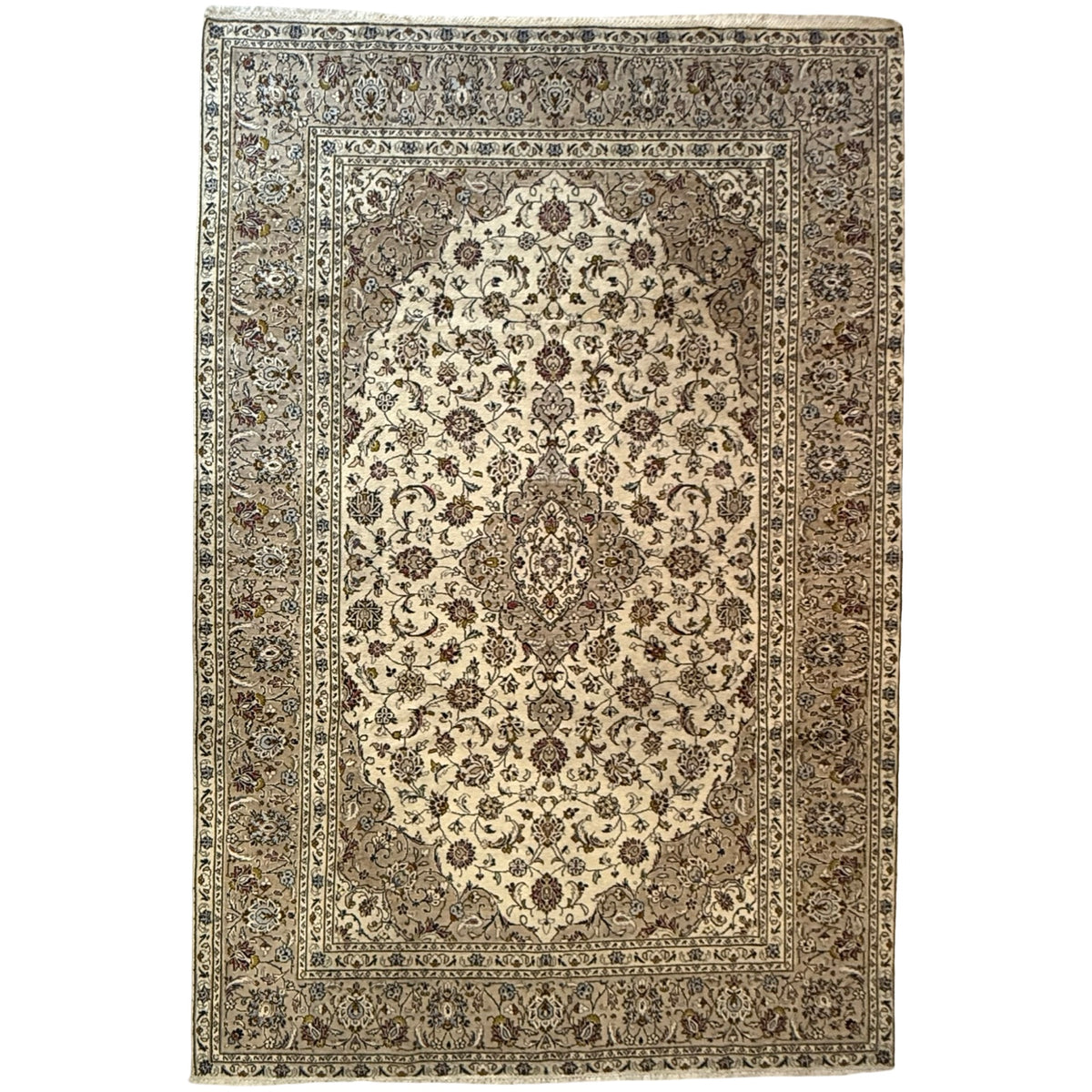 287 x 190 cm Hand Knotted Floral Persian Beige Kashan Wool Rug