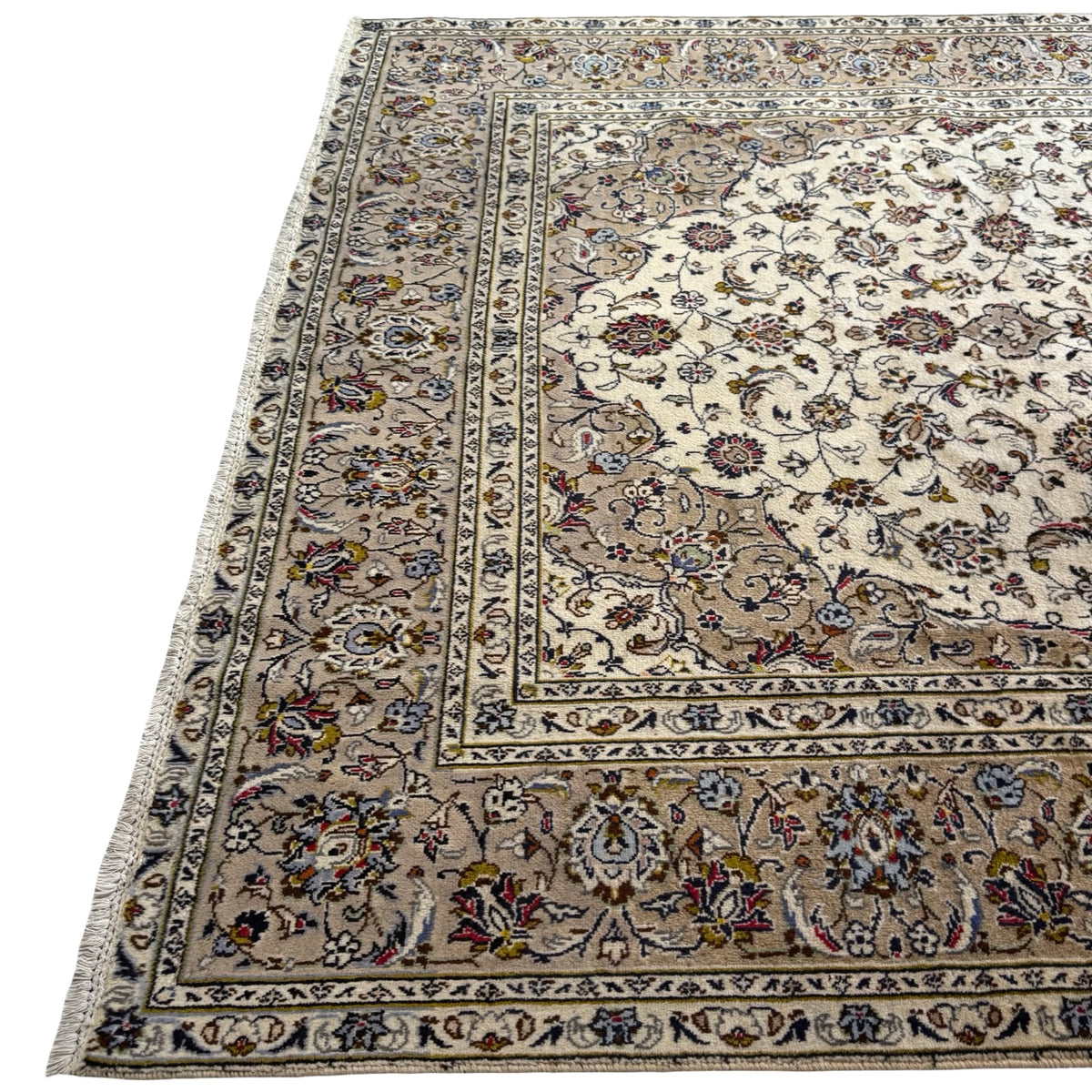 287 x 190 cm Hand Knotted Floral Persian Beige Kashan Wool Rug