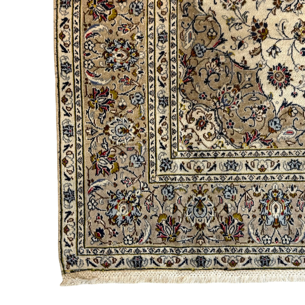 287 x 190 cm Hand Knotted Floral Persian Beige Kashan Wool Rug