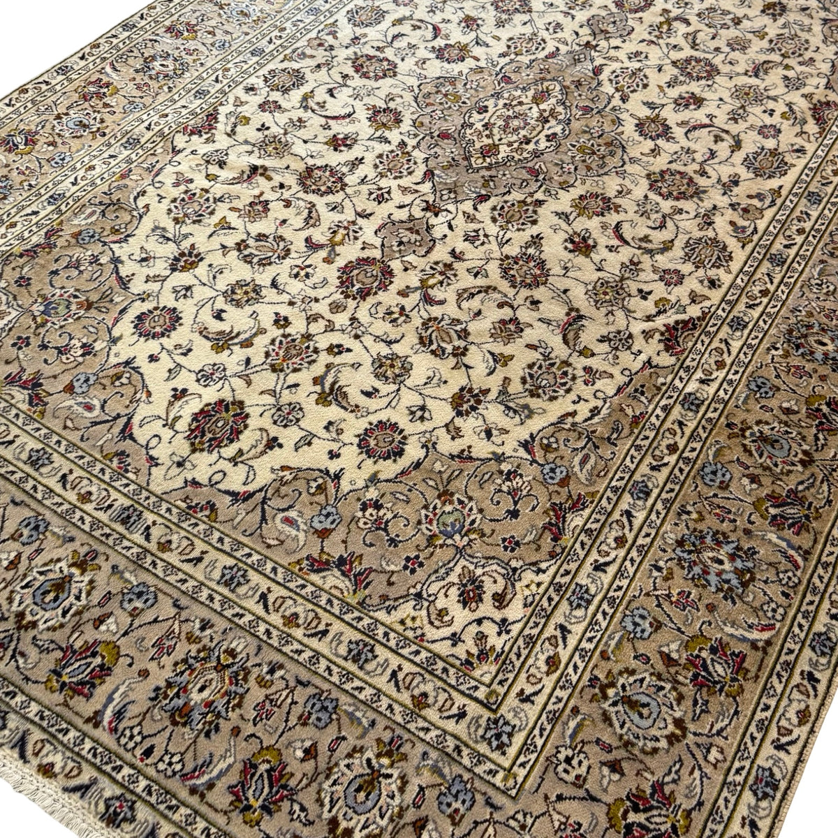 287 x 190 cm Hand Knotted Floral Persian Beige Kashan Wool Rug