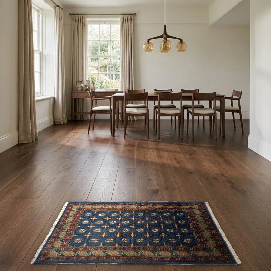 Room view: the rug on the floor of a furnished room