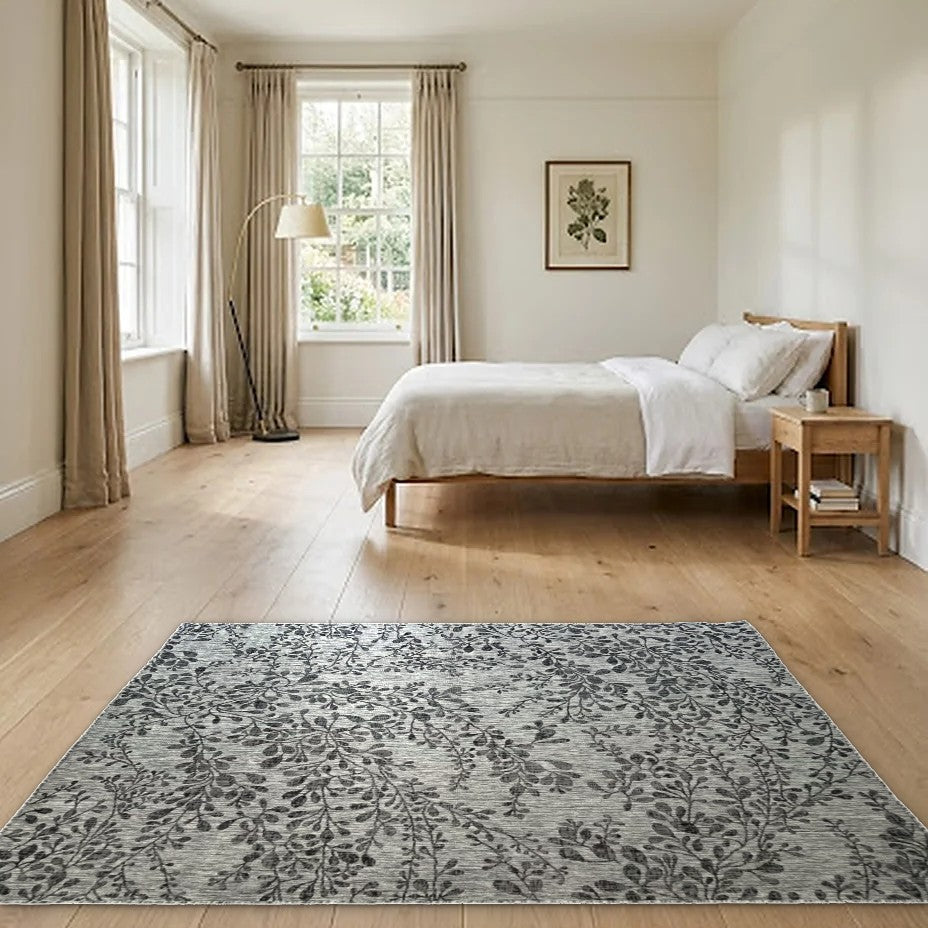 Room view: the rug on the floor of a furnished room