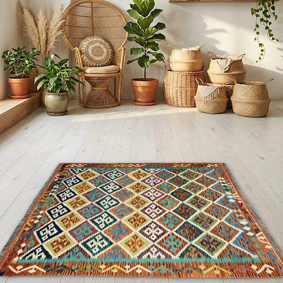 Room view: the rug on the floor of a furnished room