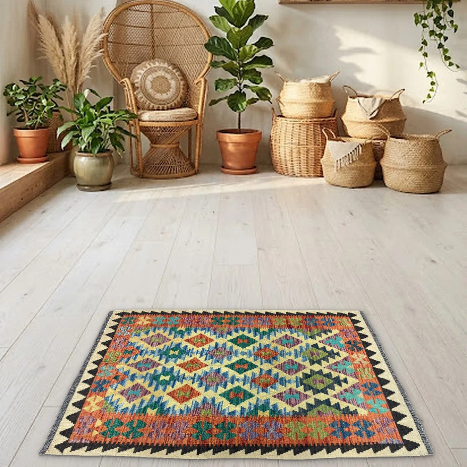 Room view: the rug on the floor of a furnished room