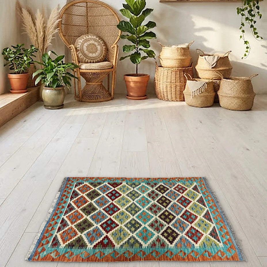 Room view: the rug on the floor of a furnished room